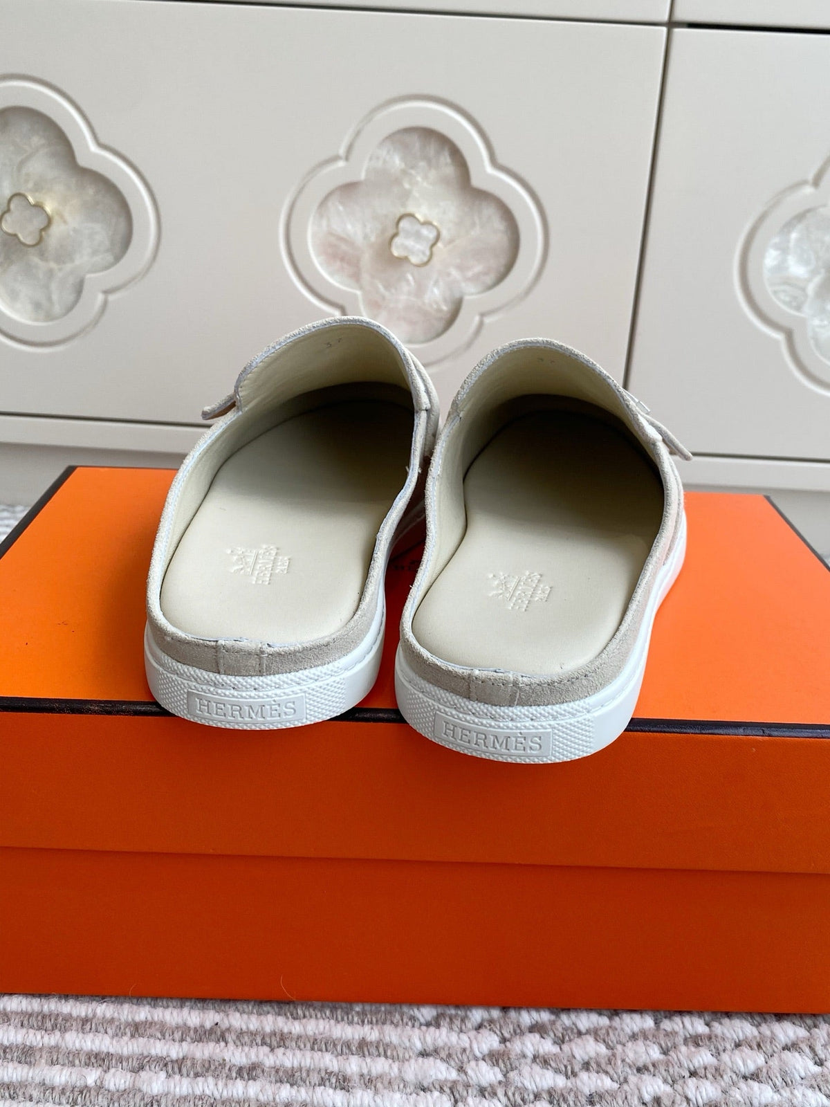 Hermes 25S Mules in Cream White Suede with Silver Hardware