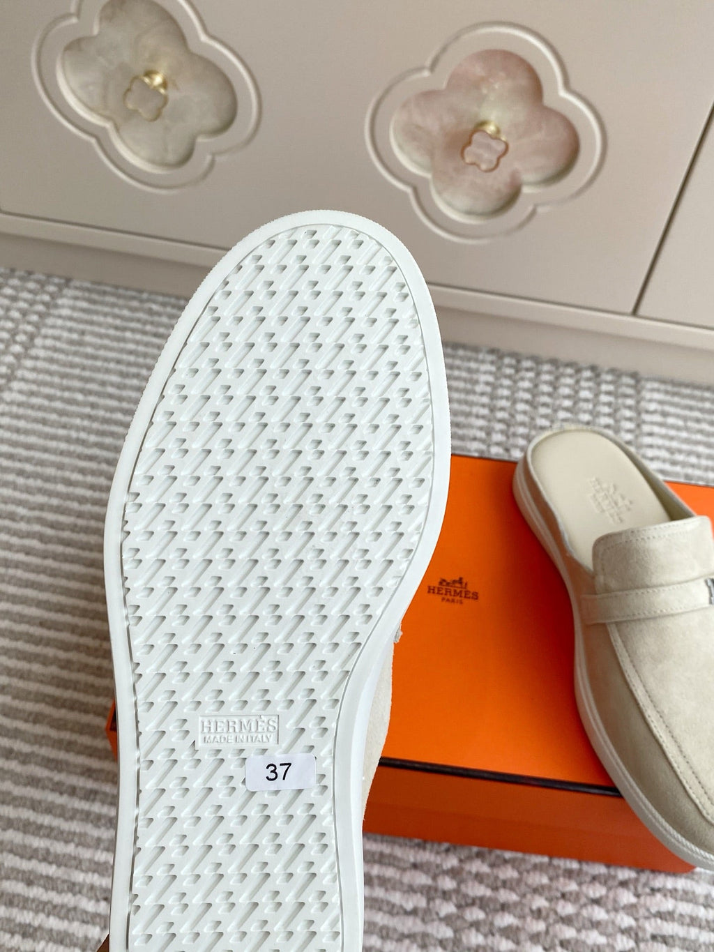 Hermes 25S Mules in Cream White Suede with Silver Hardware