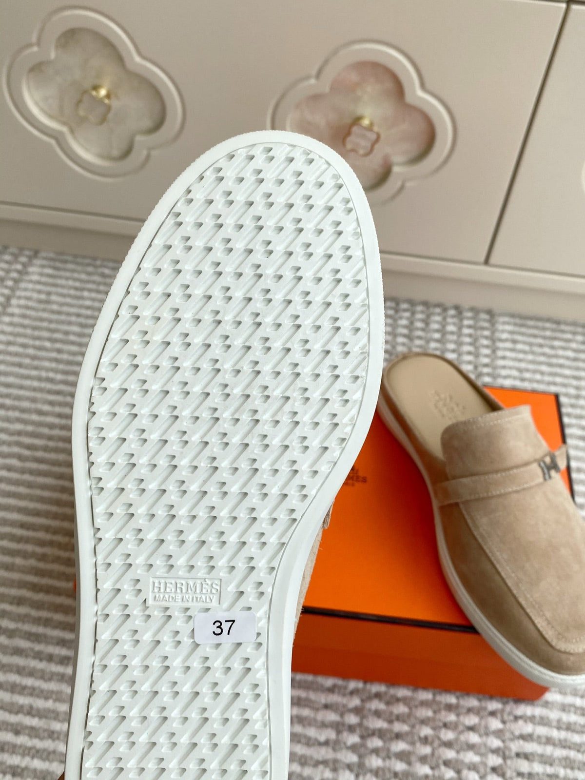 Hermes 25S Mules in Beige Suede with Silver Hardware