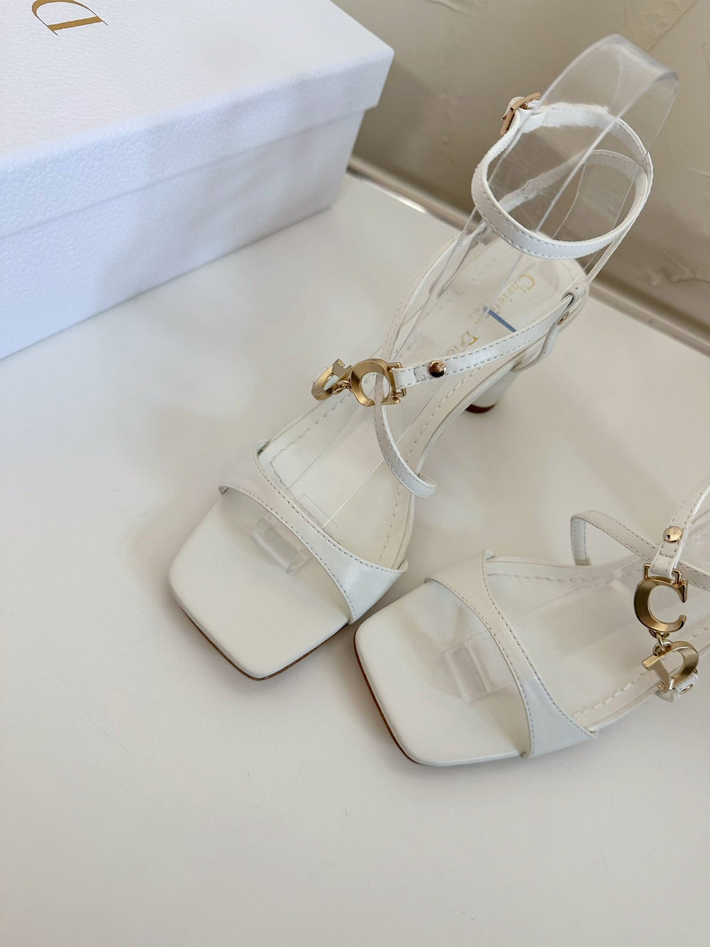 Dior Medium Square Heel Sandal in White Lambskin