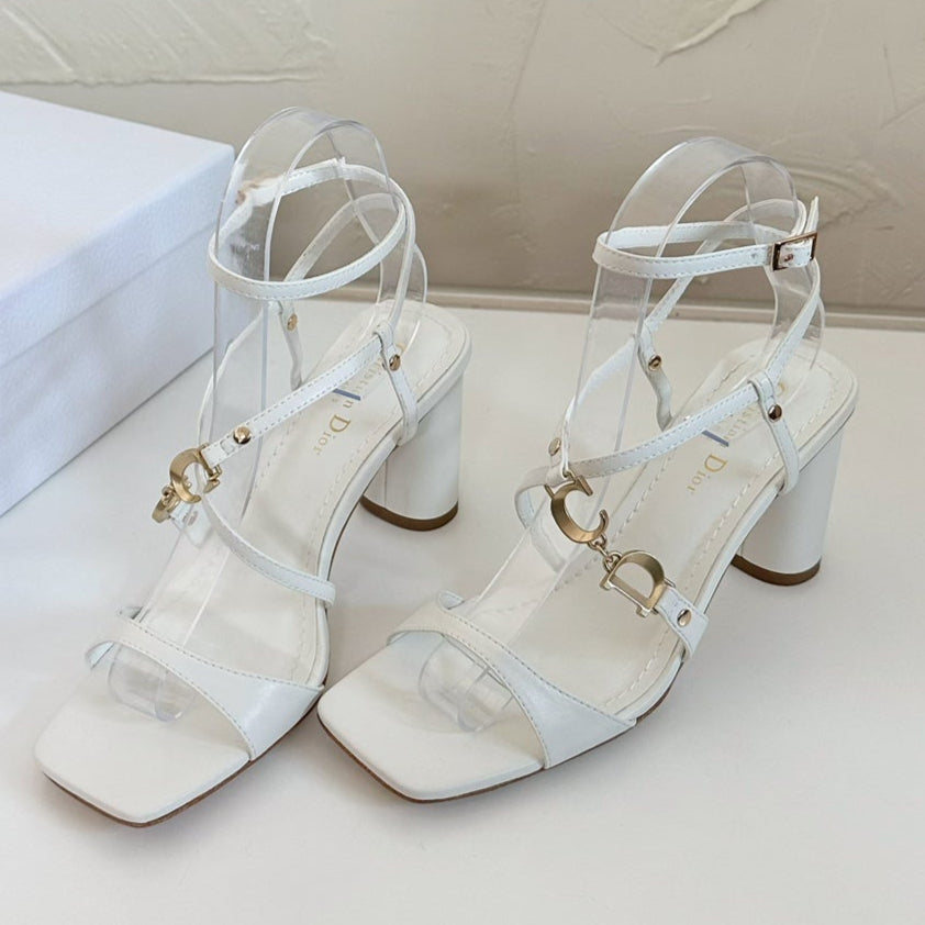 Dior Medium Square Heel Sandal in White Lambskin