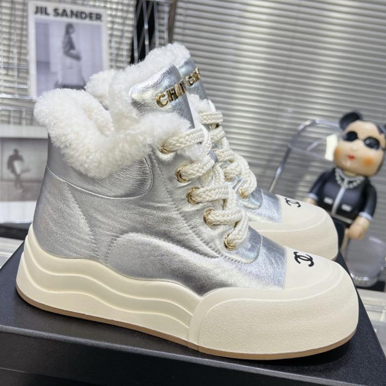 Chanel Martin Boots in Silver Calfskin and Lamb Fur Lining