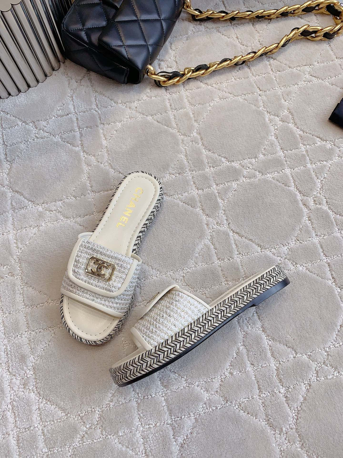 Chanel Platform Slippers in White Wool and Lambskin