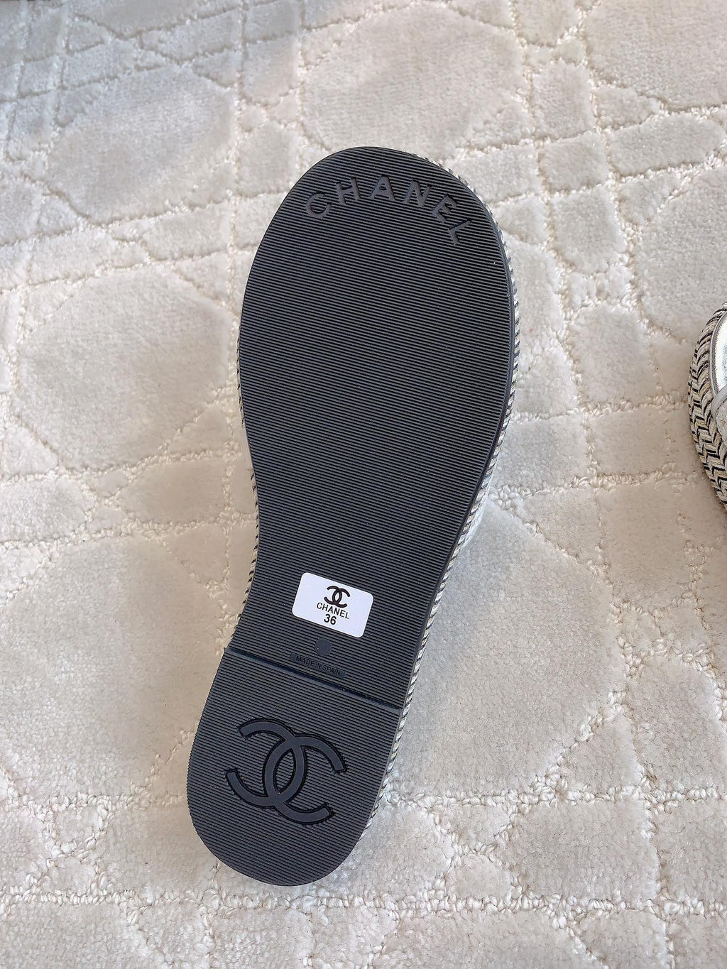 Chanel Platform Slippers in Silver Wool and Lambskin