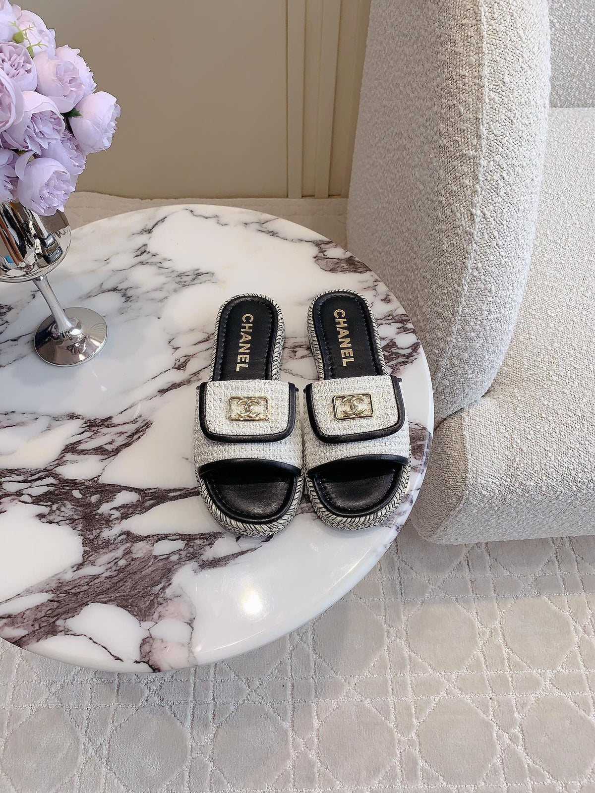 Chanel Platform Slippers in White Wool and Black Lambskin