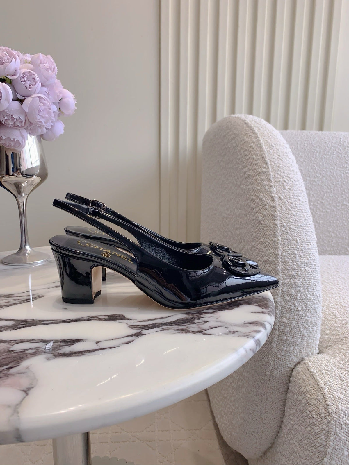 Chanel High Slingbacks 65 mm in Black Patent Calfskin