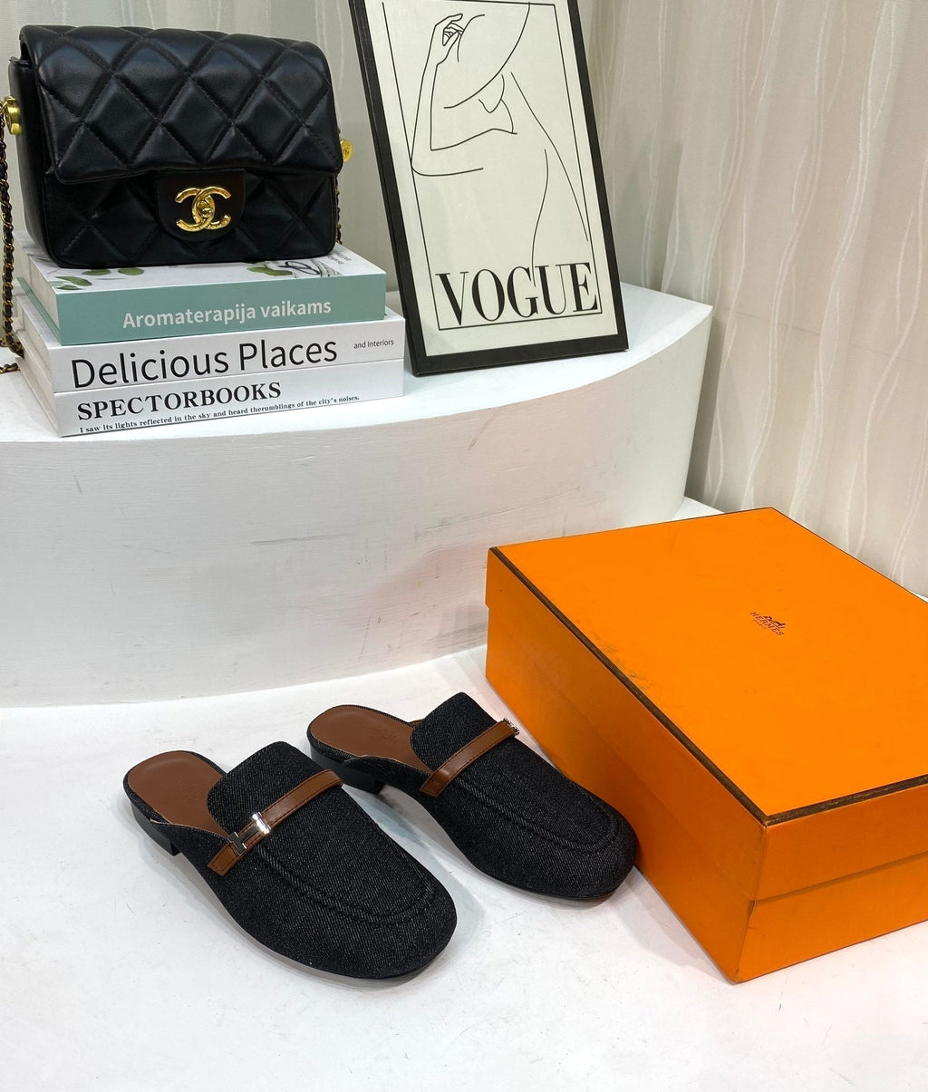 Hermes Iena Mule Black Canvas and Brown Calfskin