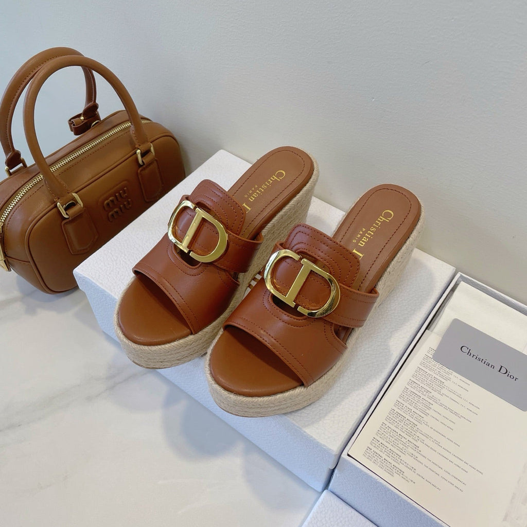 Dior Montaigne Wedge Slide 95mm in Brown Calfskin