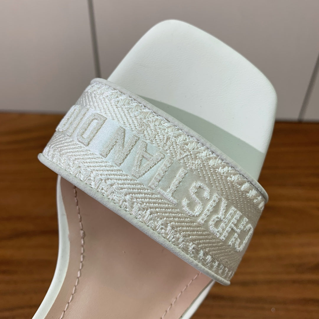 Dior High Heel Embroidered Sandal in White Calfskin and Woven Straps