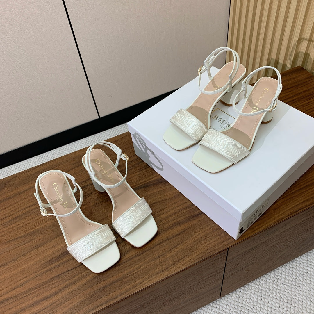 Dior High Heel Embroidered Sandal in White Calfskin and Woven Straps