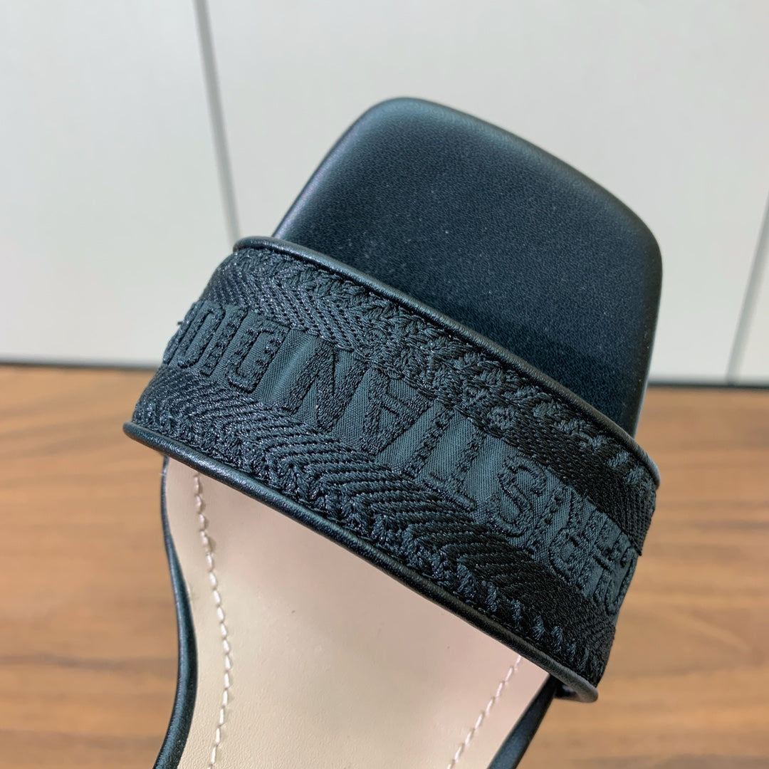 Dior High Heel Embroidered Sandal in Black Calfskin and Woven Straps