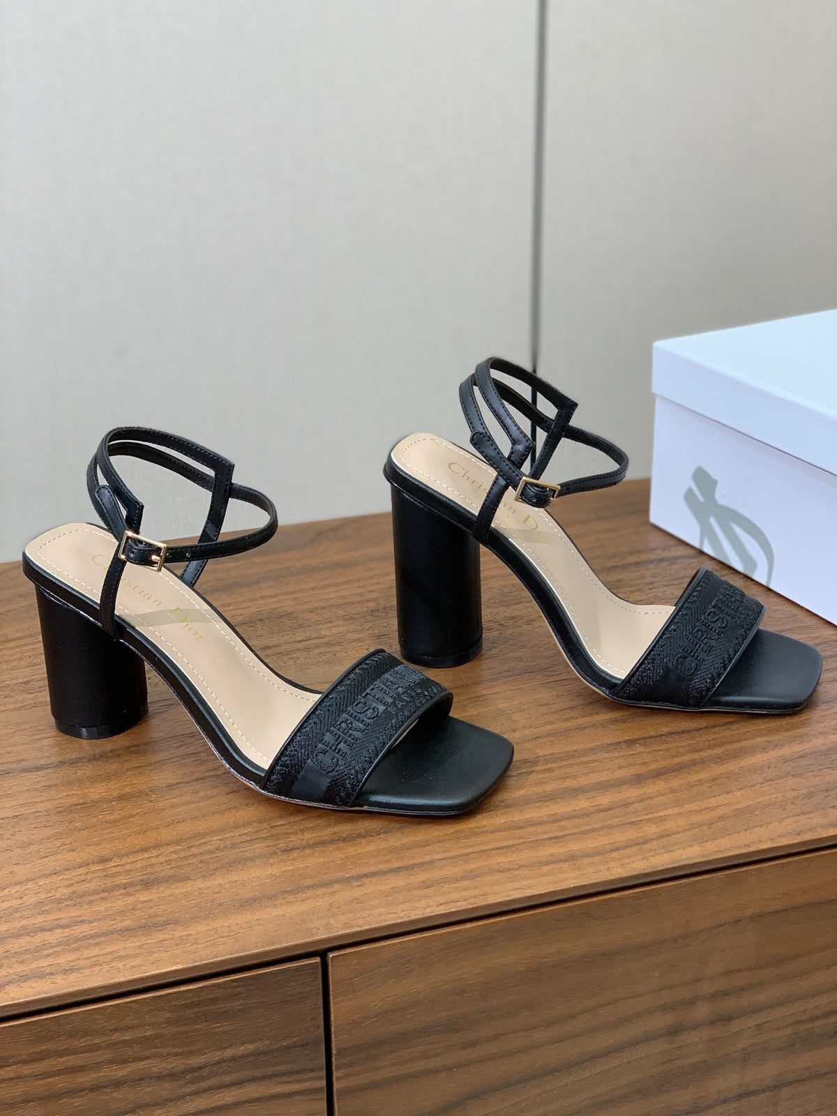 Dior High Heel Embroidered Sandal in Black Calfskin and Woven Straps