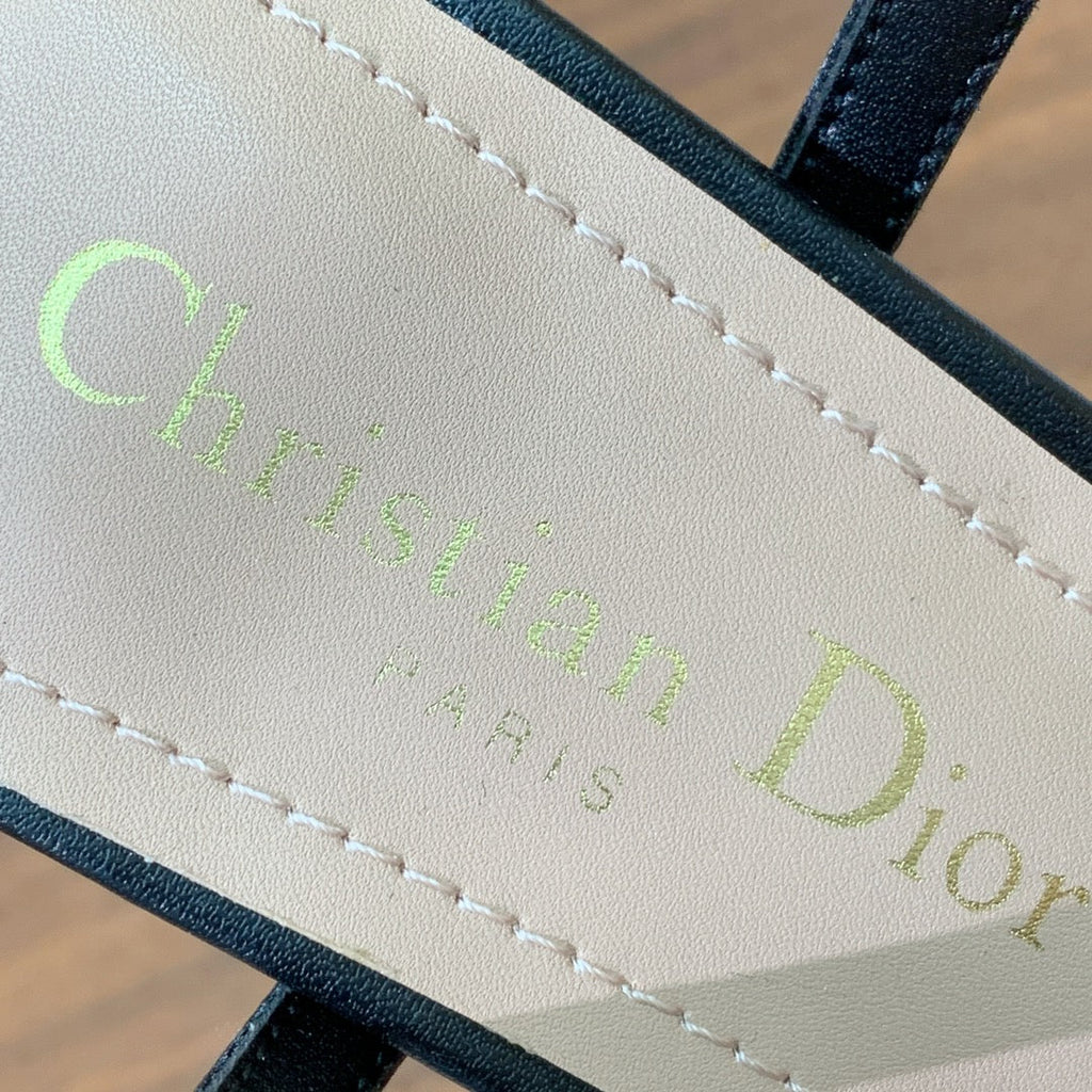 Dior High Heel Embroidered Sandal in Black Calfskin and Woven Straps