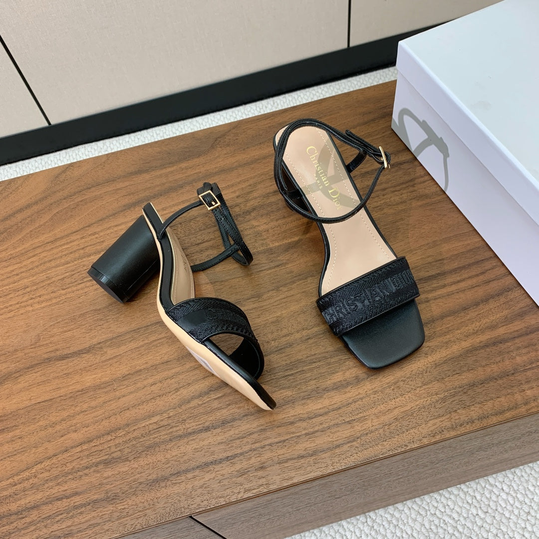 Dior High Heel Embroidered Sandal in Black Calfskin and Woven Straps