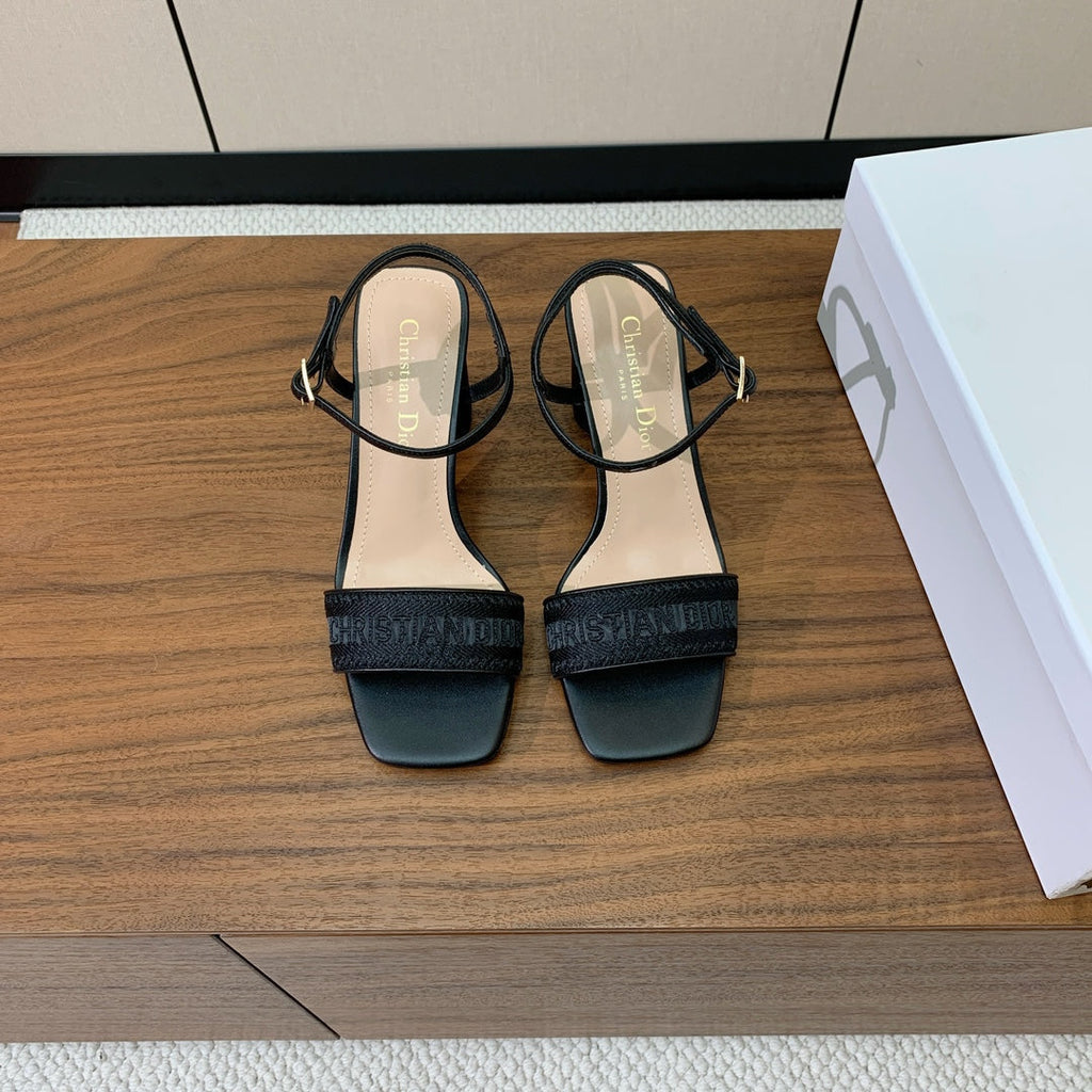 Dior High Heel Embroidered Sandal in Black Calfskin and Woven Straps