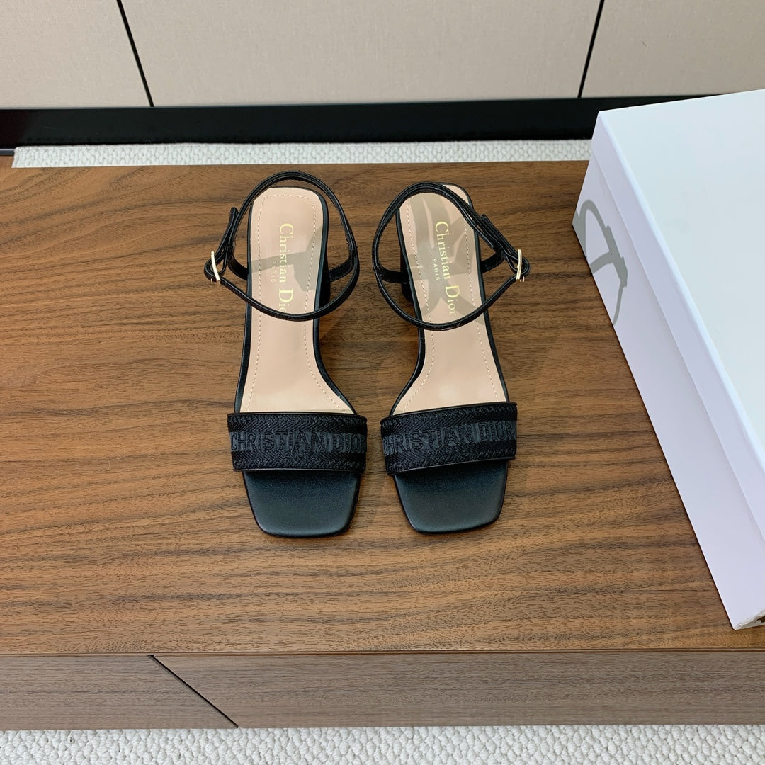 Dior High Heel Embroidered Sandal in Black Calfskin and Woven Straps
