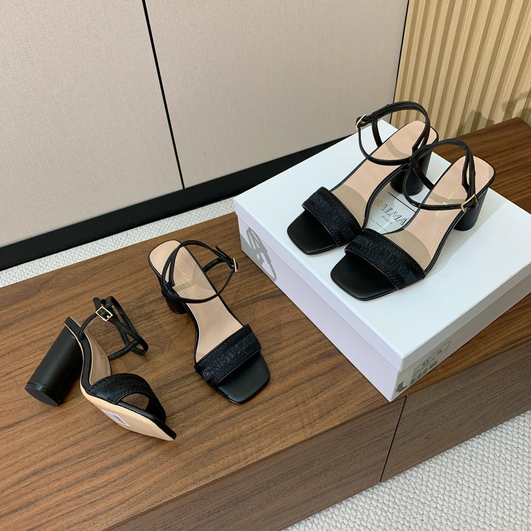 Dior High Heel Embroidered Sandal in Black Calfskin and Woven Straps
