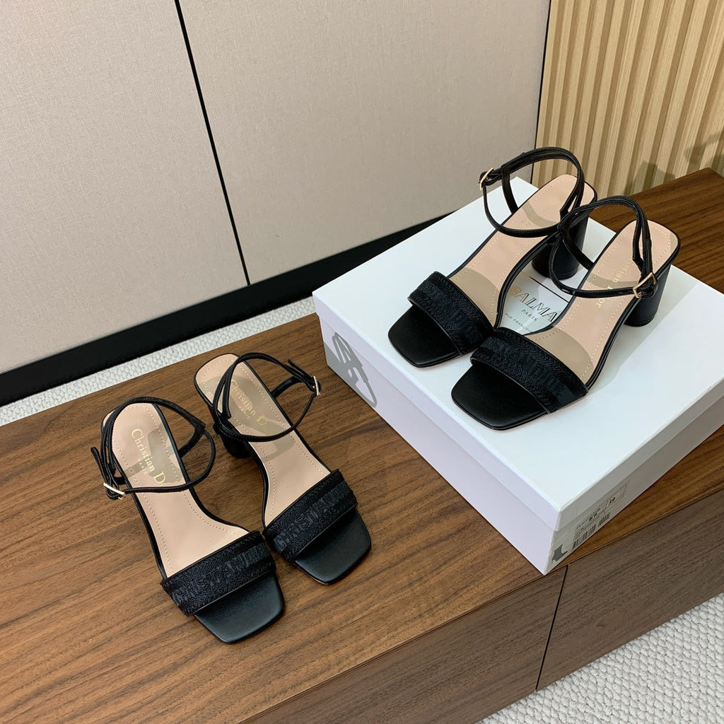 Dior High Heel Embroidered Sandal in Black Calfskin and Woven Straps