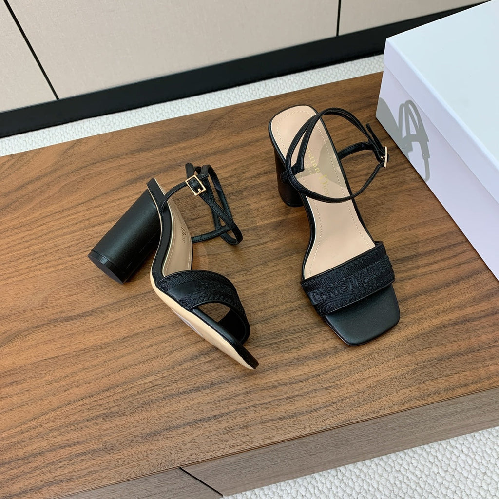 Dior High Heel Embroidered Sandal in Black Calfskin and Woven Straps