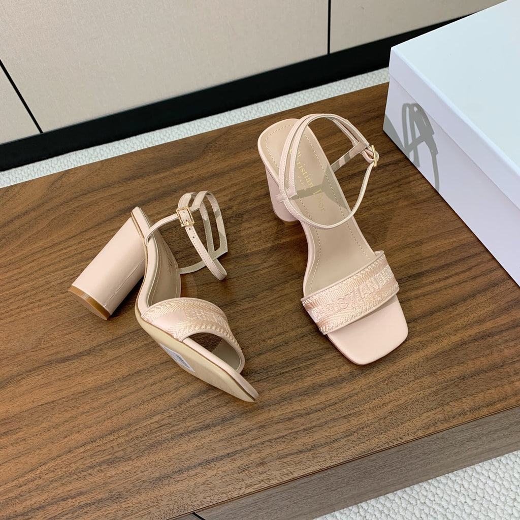 Dior High Heel Embroidered Sandal in Light Pink Calfskin and Woven Straps