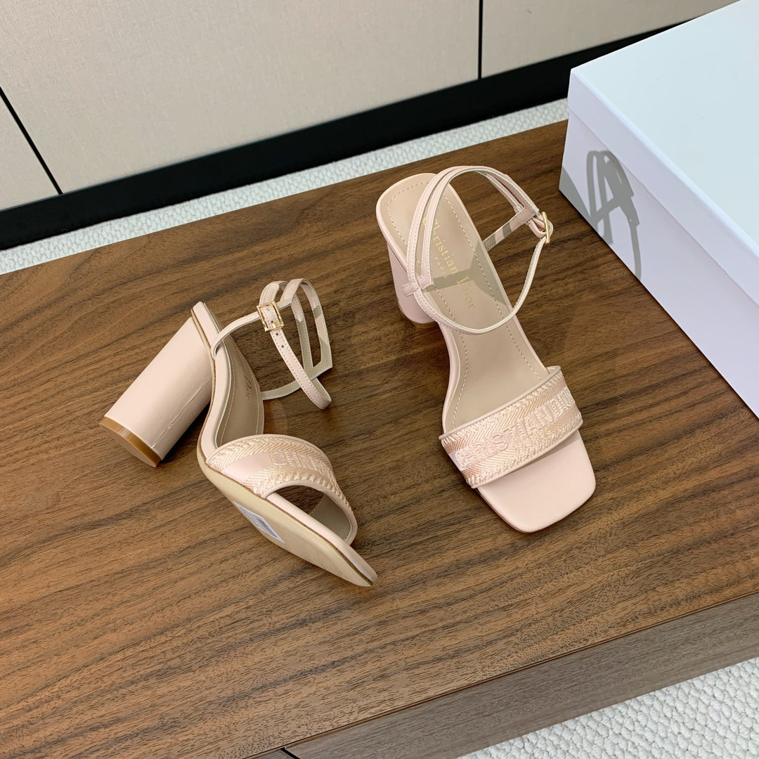 Dior High Heel Embroidered Sandal in Light Pink Calfskin and Woven Straps