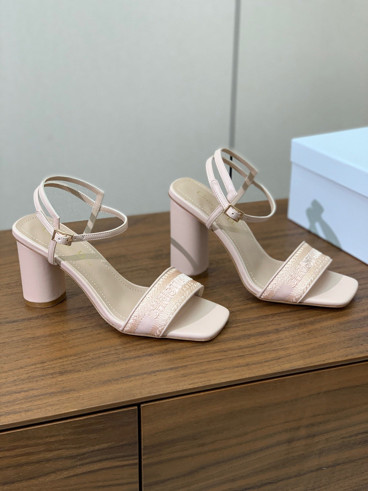 Dior High Heel Embroidered Sandal in Light Pink Calfskin and Woven Straps