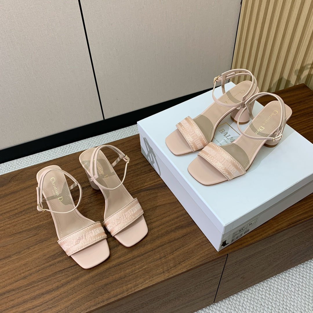 Dior High Heel Embroidered Sandal in Light Pink Calfskin and Woven Straps