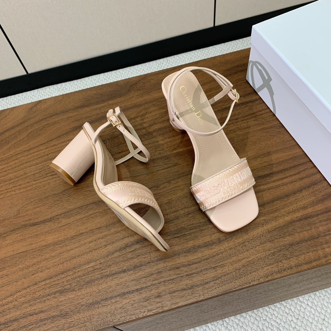Dior High Heel Embroidered Sandal in Light Pink Calfskin and Woven Straps