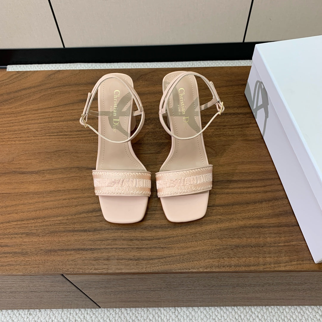 Dior High Heel Embroidered Sandal in Light Pink Calfskin and Woven Straps