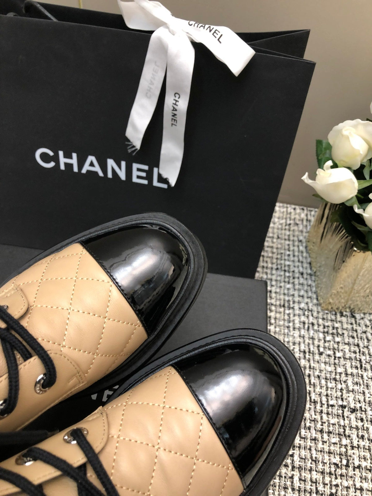 Chanel Short Boots Beige Cream Mix Black Suede Lambskin