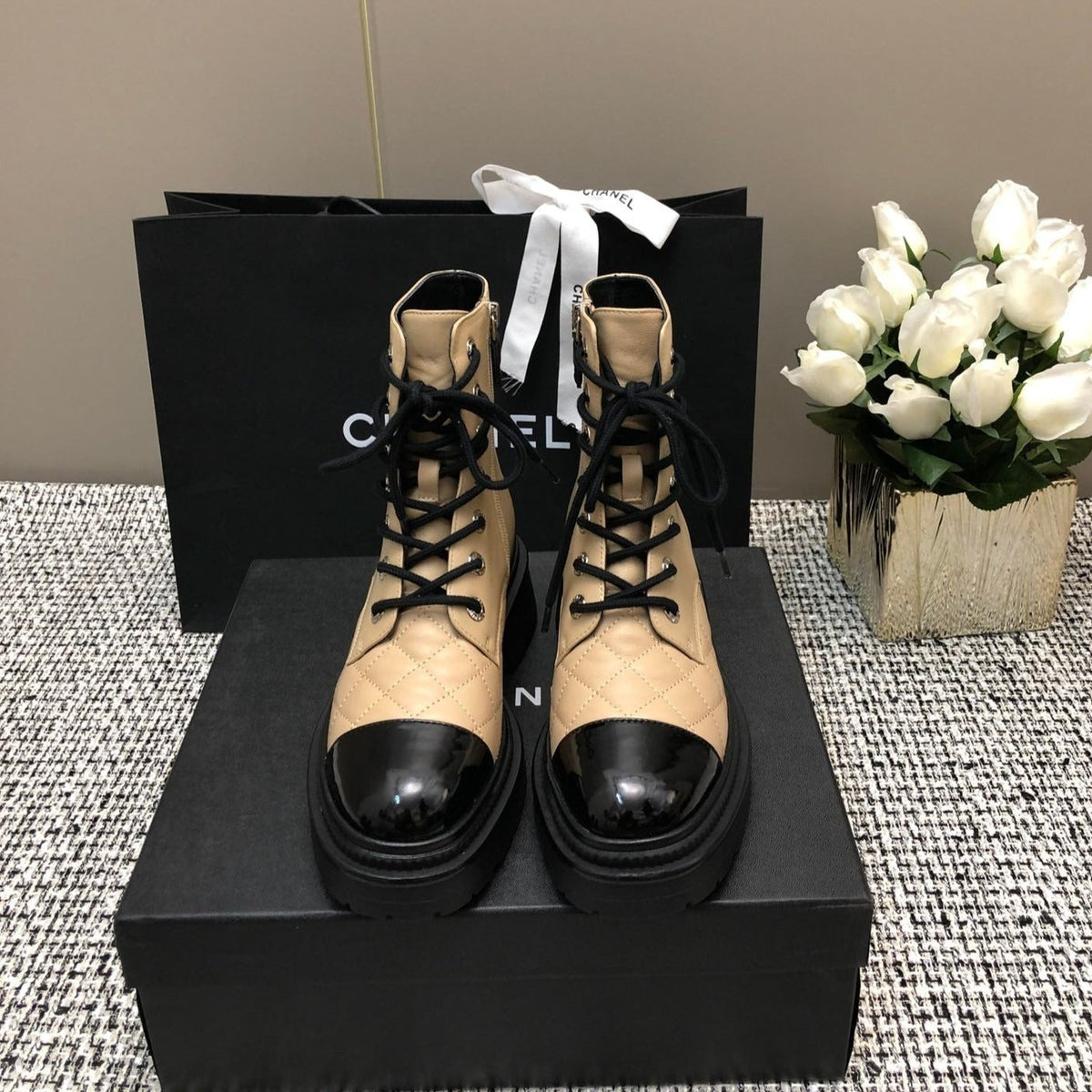 Chanel Short Boots Beige Cream Mix Black Suede Lambskin