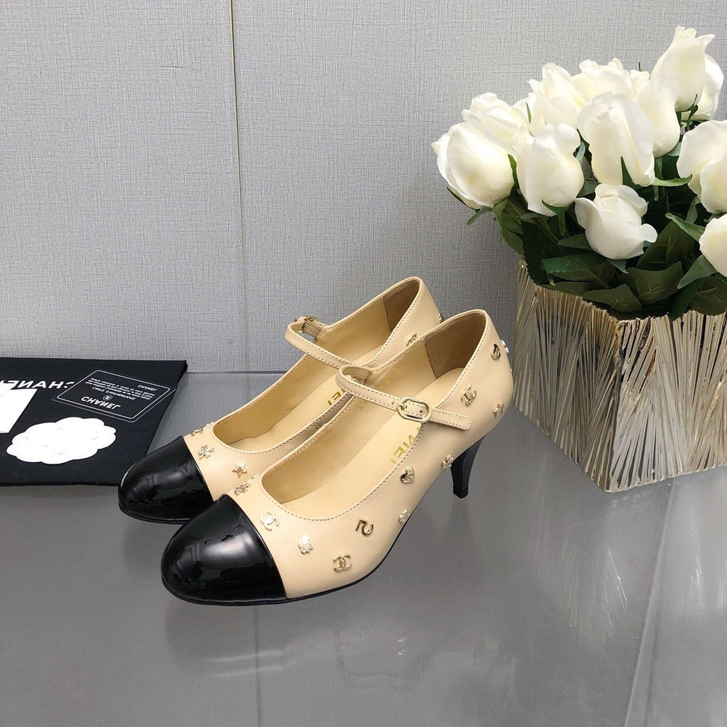Chanel Mary Jane Beige Cream Mix Black Lambskin Attach Metal