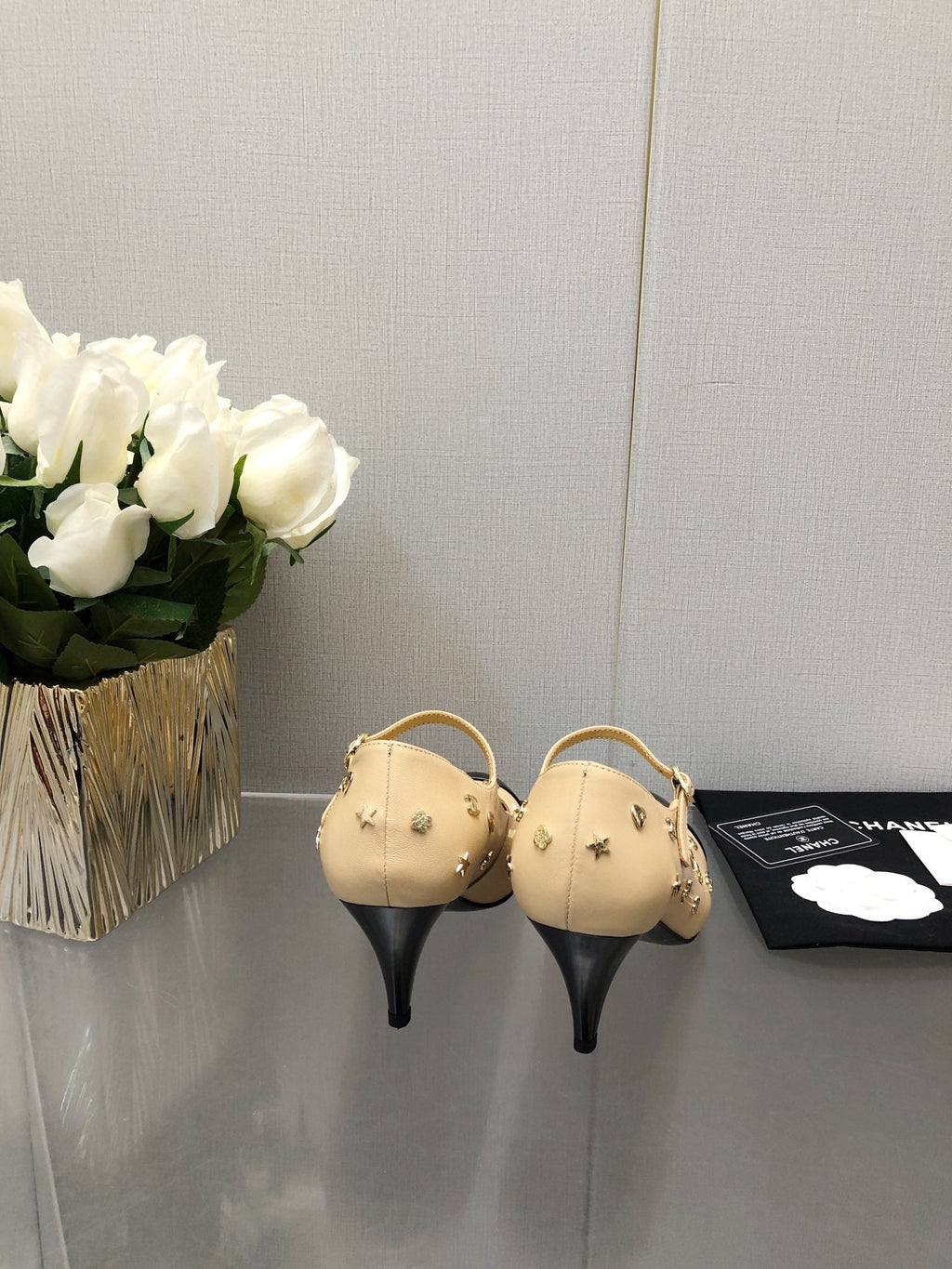 Chanel Mary Jane Beige Cream Mix Black Lambskin Attach Metal