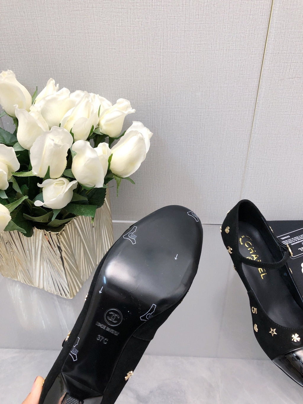 Chanel Mary Jane Black Suede and Lambskin Attach Metal
