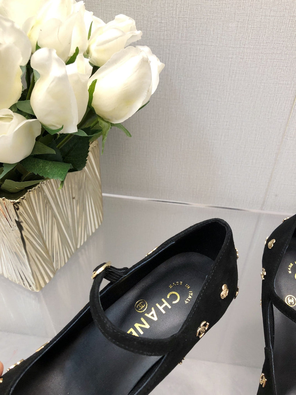 Chanel Mary Jane Black Suede and Lambskin Attach Metal