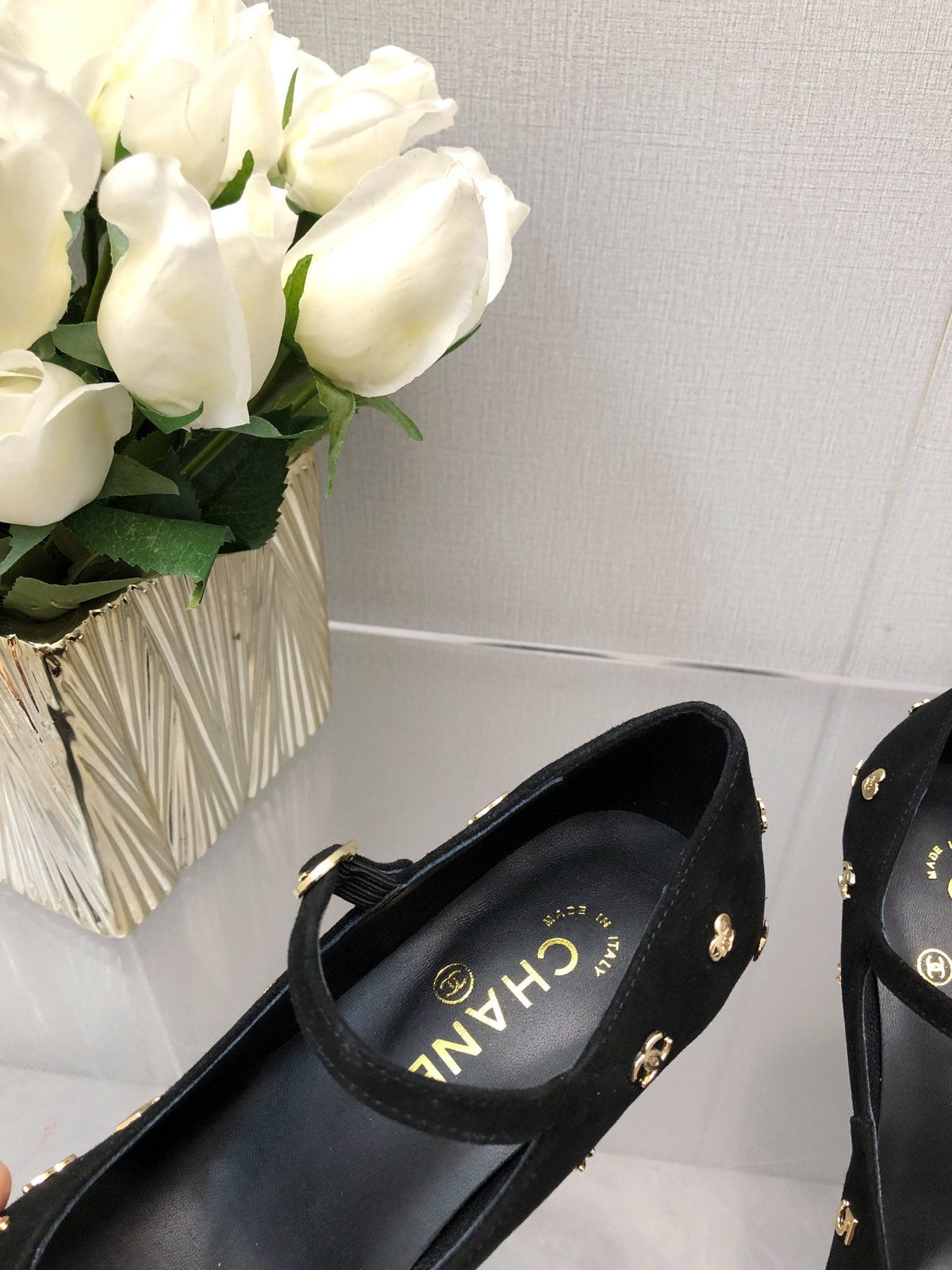 Chanel Mary Jane Black Suede and Lambskin Attach Metal