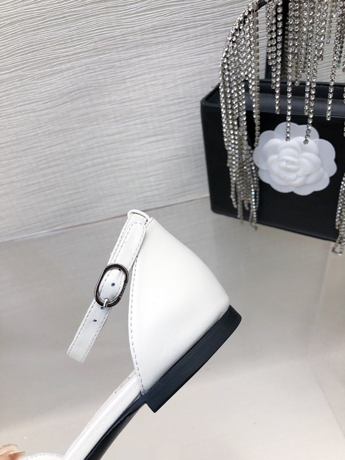 Chanel White Mix Black Lambskin Camellia Hollow Sandal