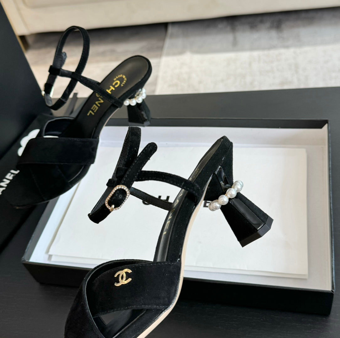 Chanel High Sandals Lambskin Black