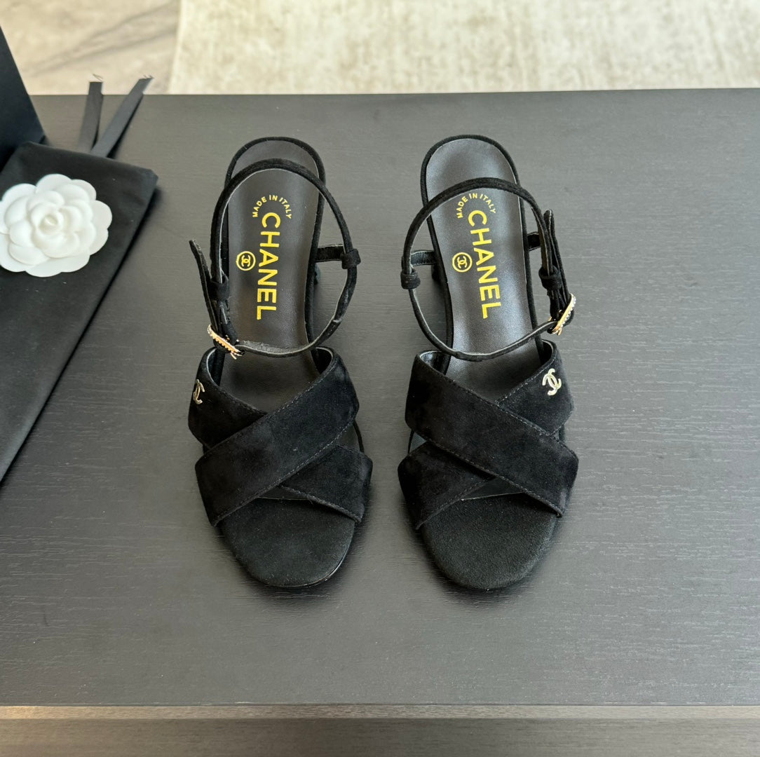 Chanel High Sandals Lambskin Black