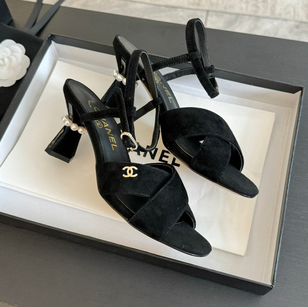 Chanel High Sandals Lambskin Black