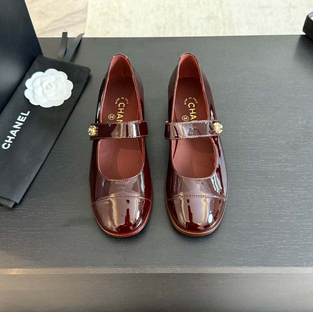 Chanel Mary Jane Flat Red Wine Patent Calfskin