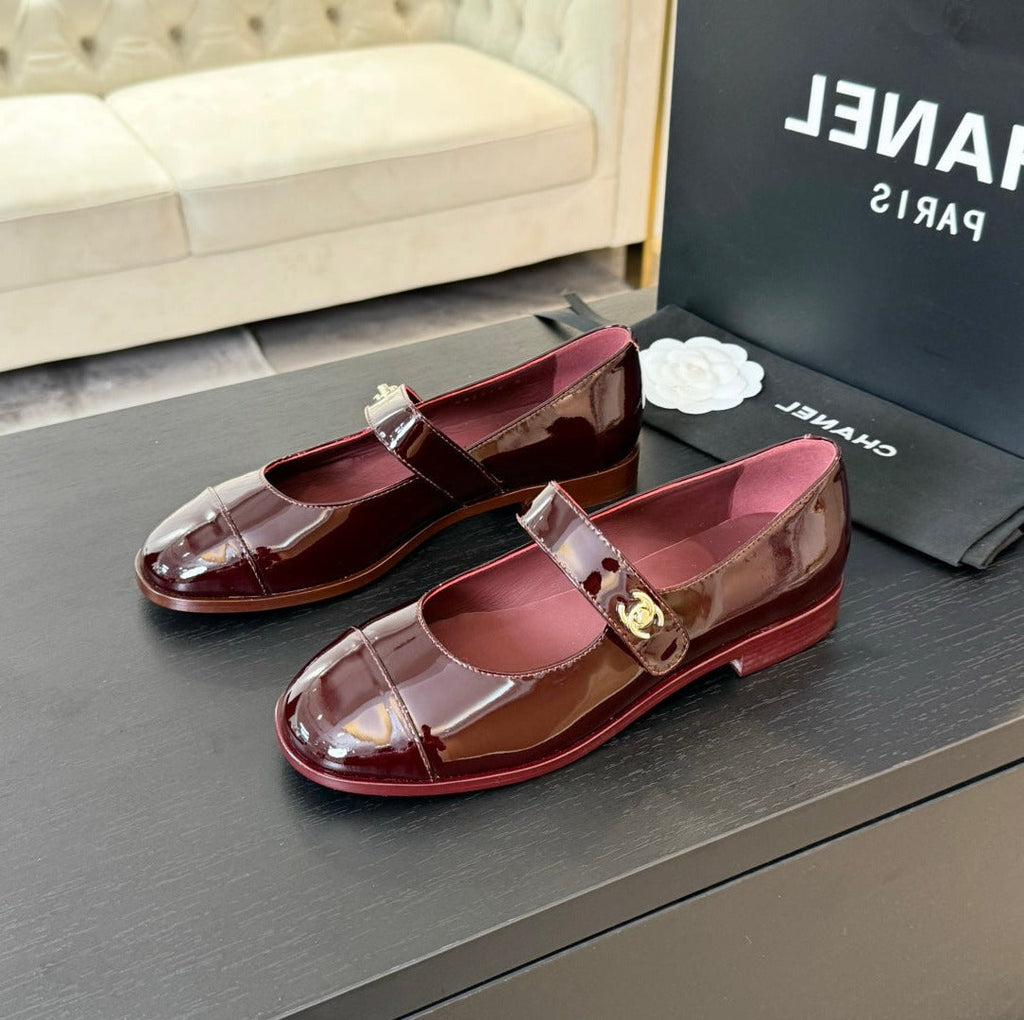Chanel Mary Jane Flat Red Wine Patent Calfskin