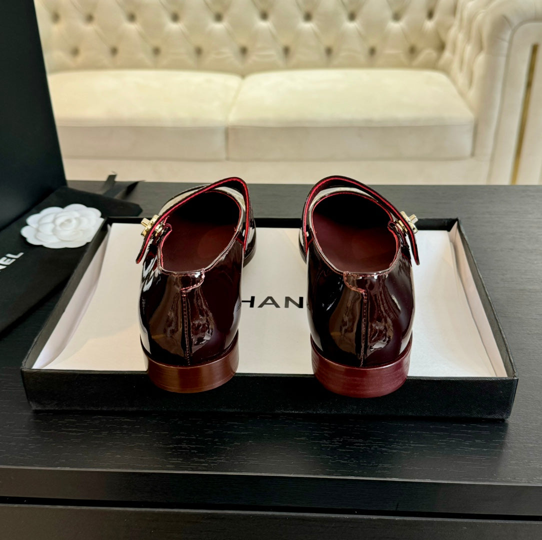 Chanel Mary Jane Flat Red Wine Patent Calfskin
