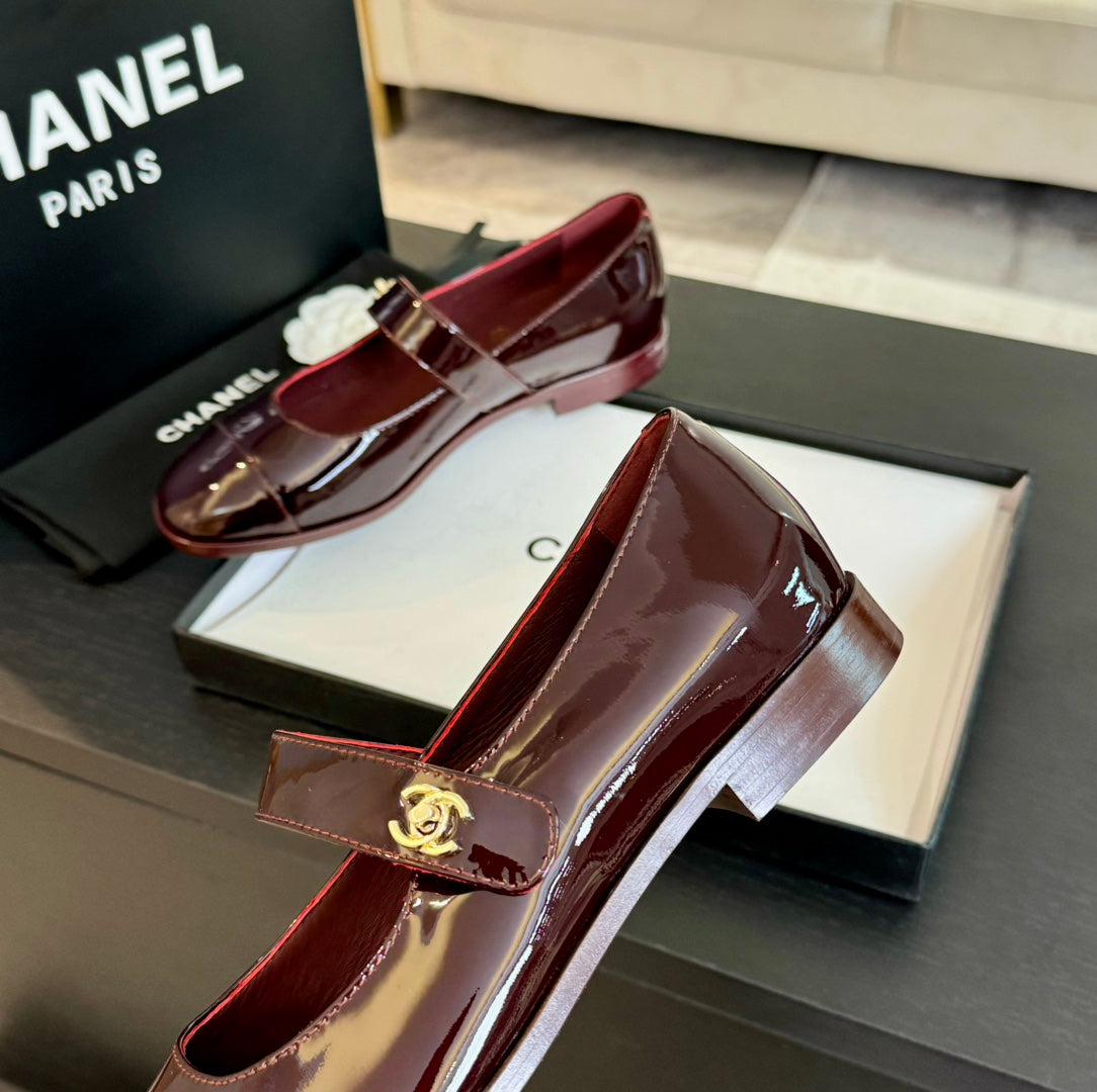 Chanel Mary Jane Flat Red Wine Patent Calfskin