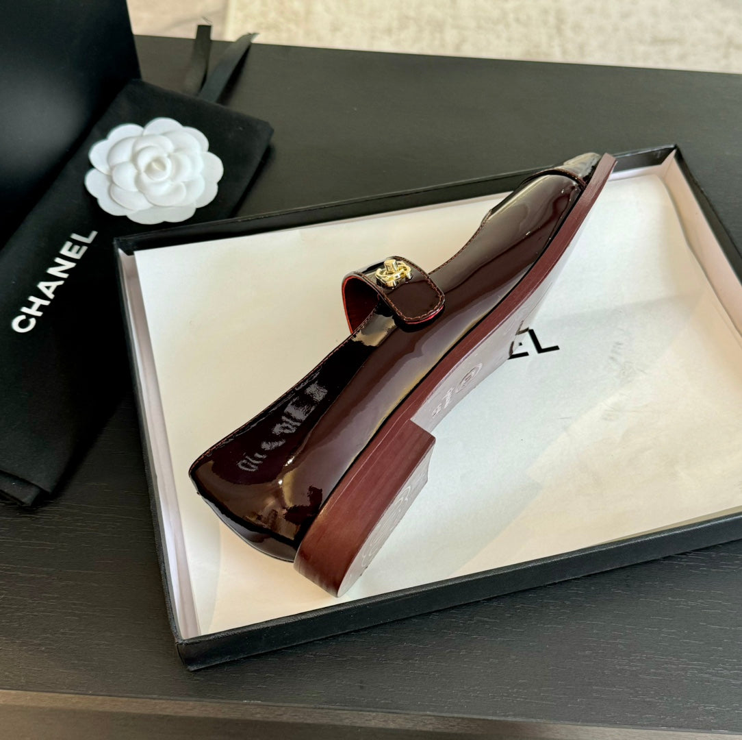 Chanel Mary Jane Flat Red Wine Patent Calfskin