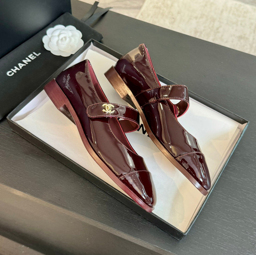 Chanel Mary Jane Flat Red Wine Patent Calfskin