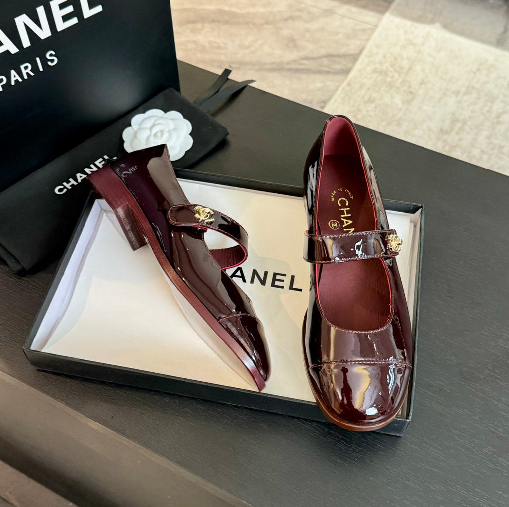 Chanel Mary Jane Flat Red Wine Patent Calfskin