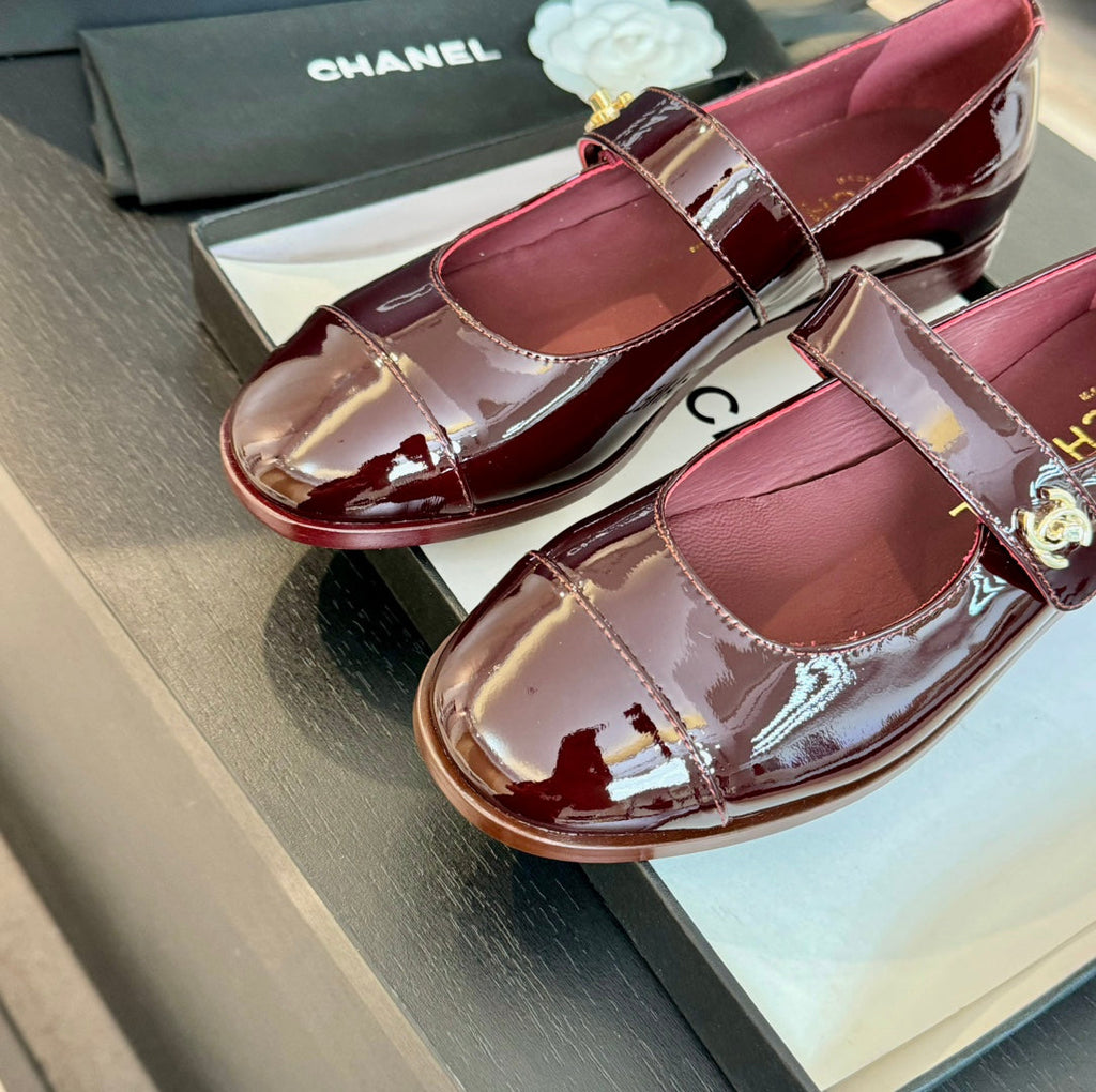 Chanel Mary Jane Flat Red Wine Patent Calfskin