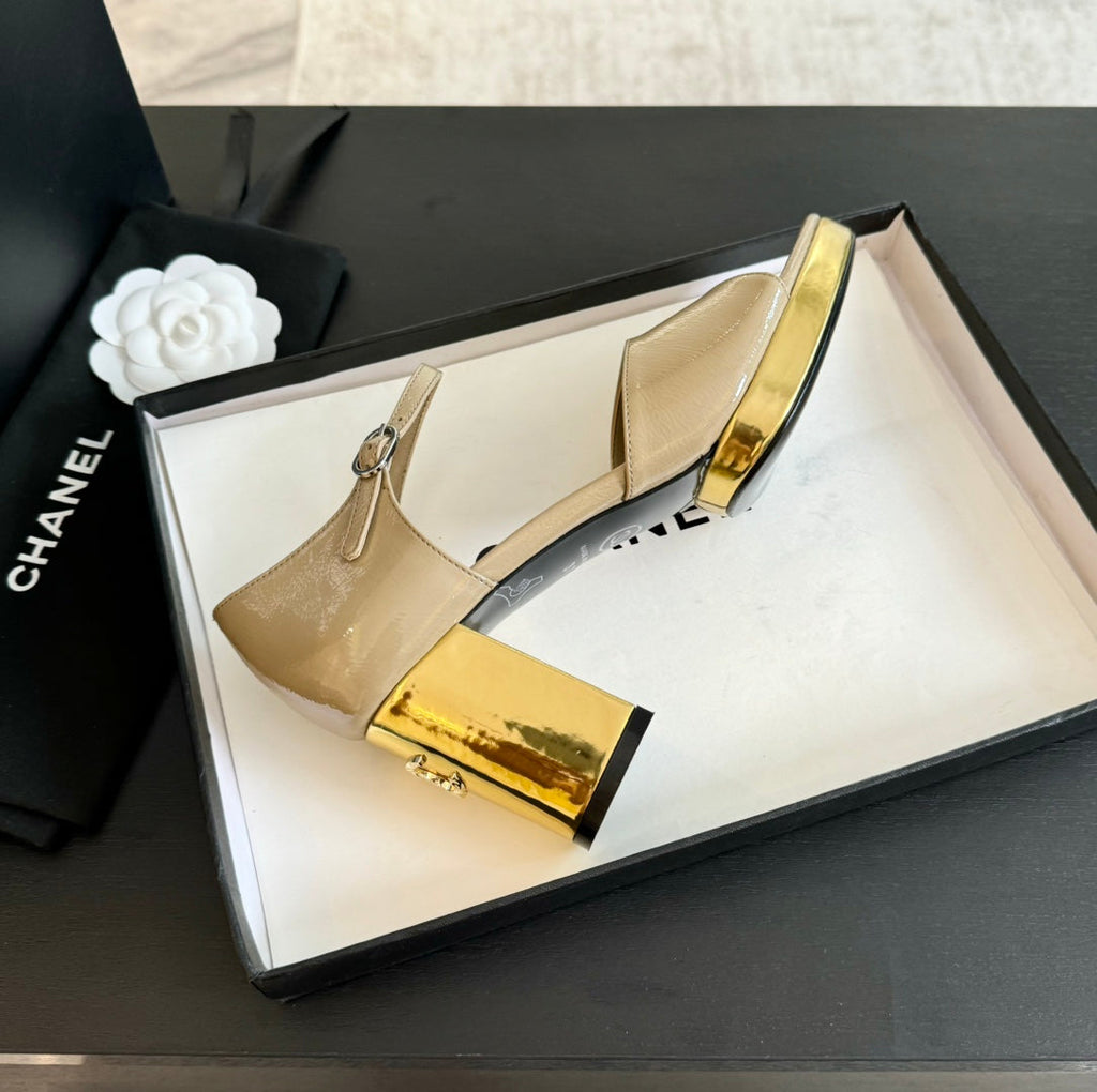 Chanel Platform Peep-Toe Sandals Beige Cream Lambskin