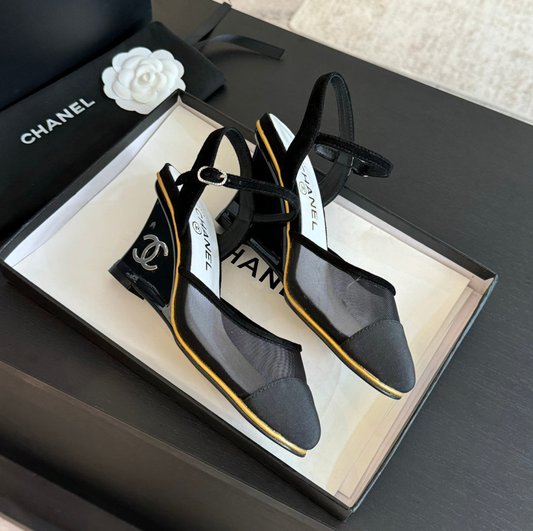 Chanel Waterproof Platform High Heels Transparent Heel Mesh Black
